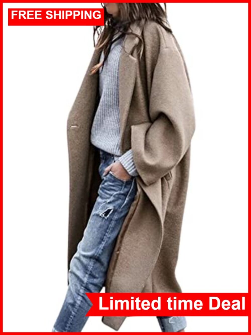 Women's Oversized Wool Blend Notched Collar Button Midi Trench Coat